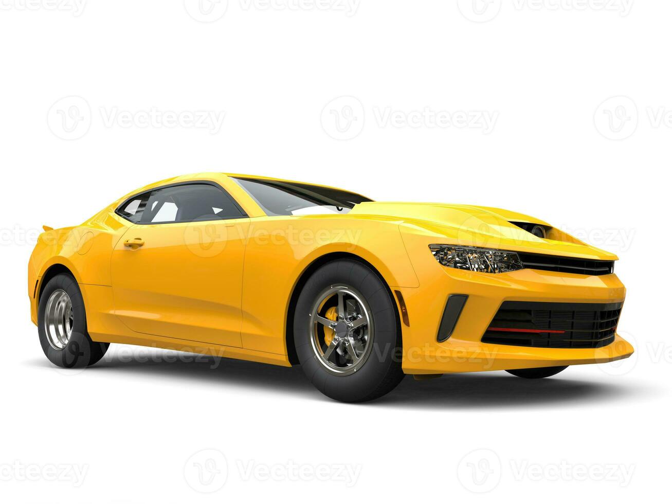 Bright sun yellow modern muscle car - low angle shot - 3D Illustration photo