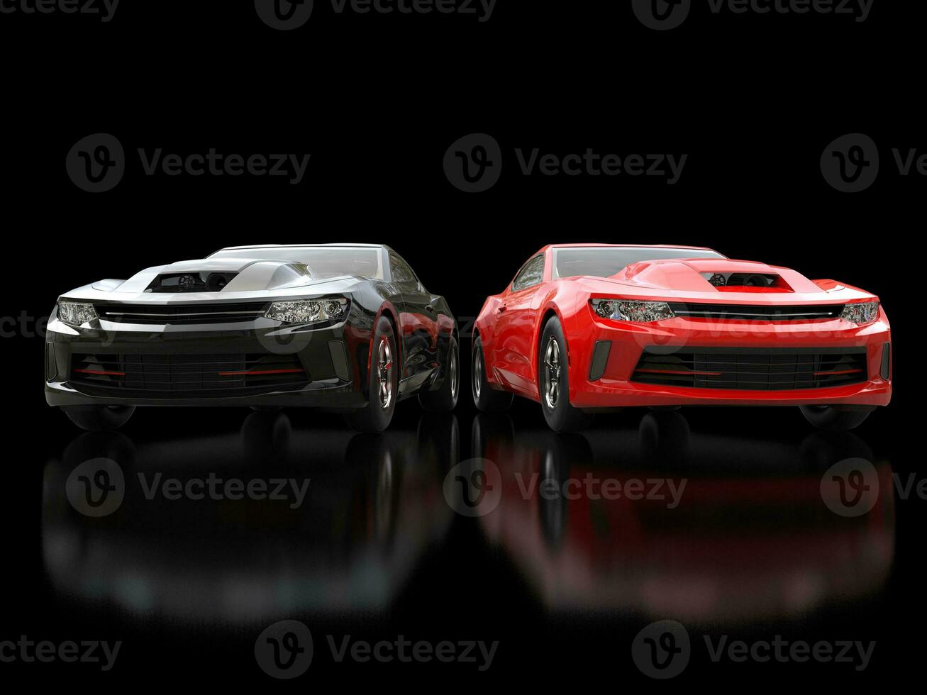 Black and red modern muscle cars on black reflective background - front view - 3D Illustration photo