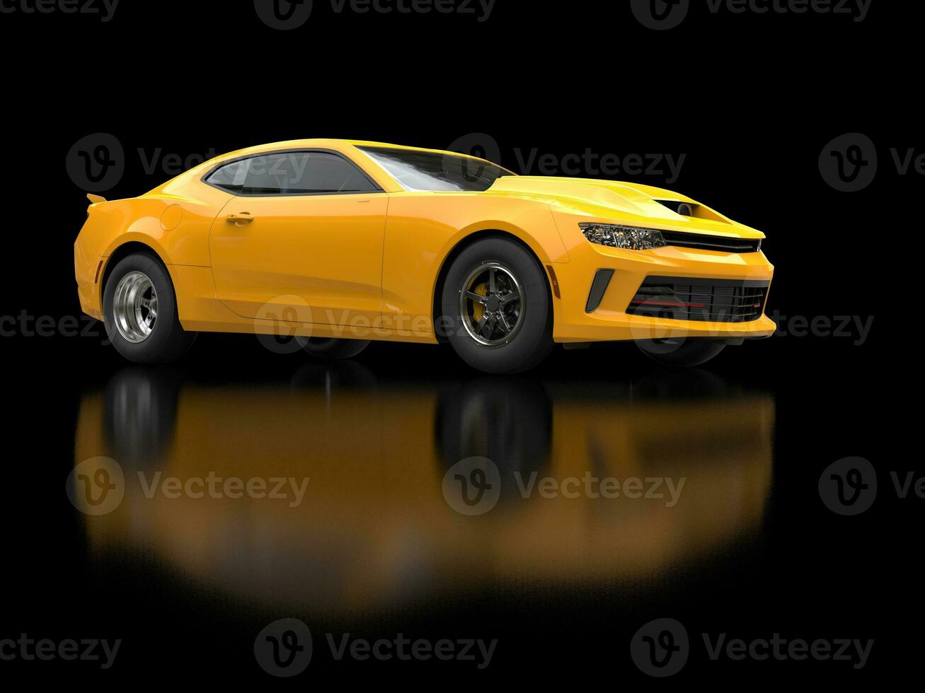 Awesome sun yellow muscle car on black background - 3D Illustration photo