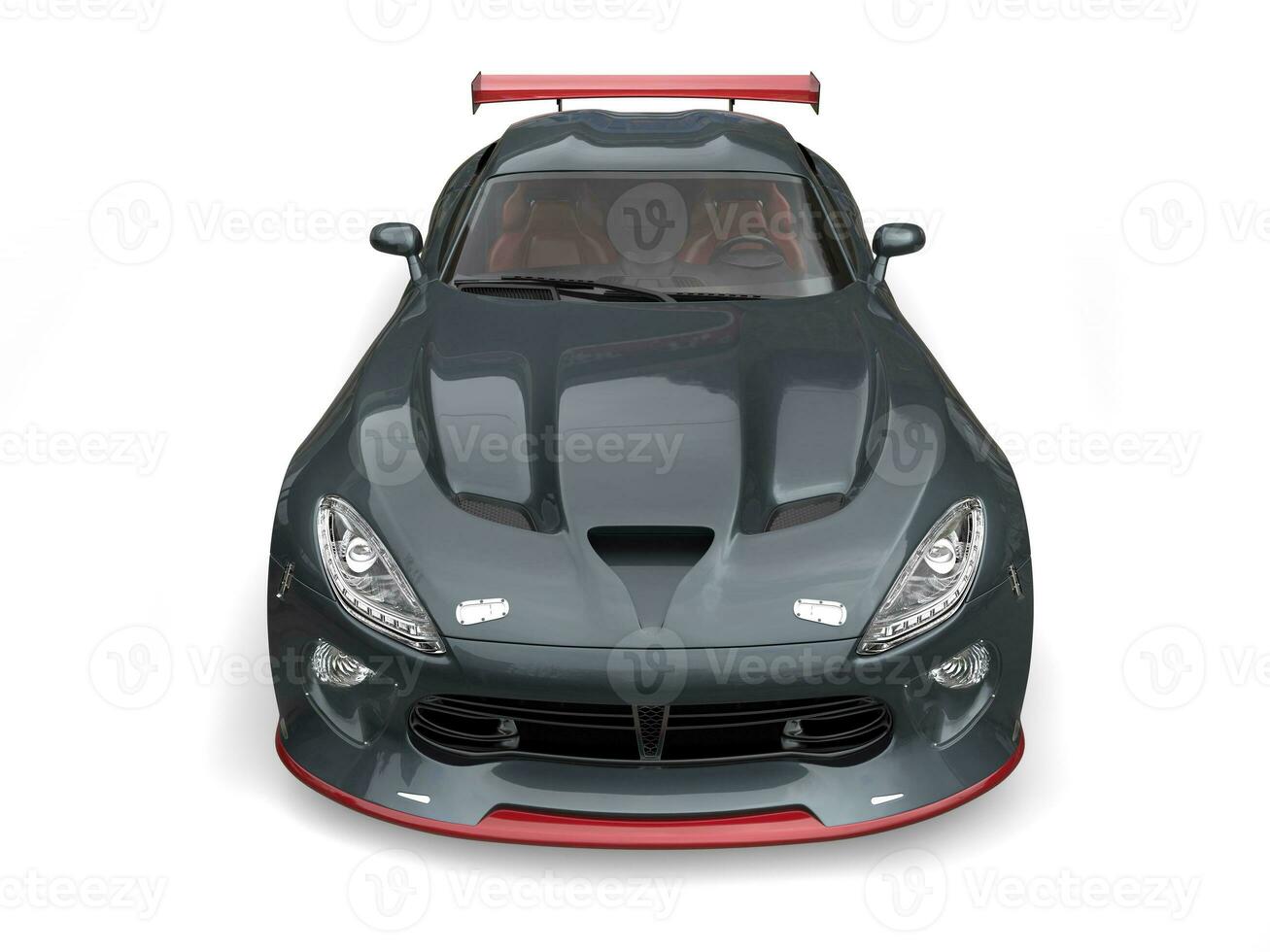 Blue gray extreme supercar with red details - top down front view - 3D Illustration photo