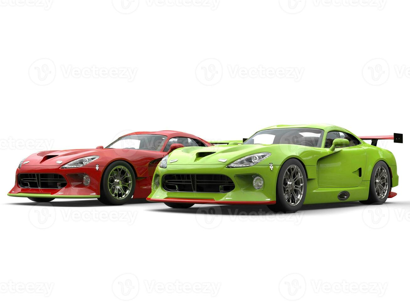 Raging red and crazy green super race cars side by side on start line - 3D Illustration photo