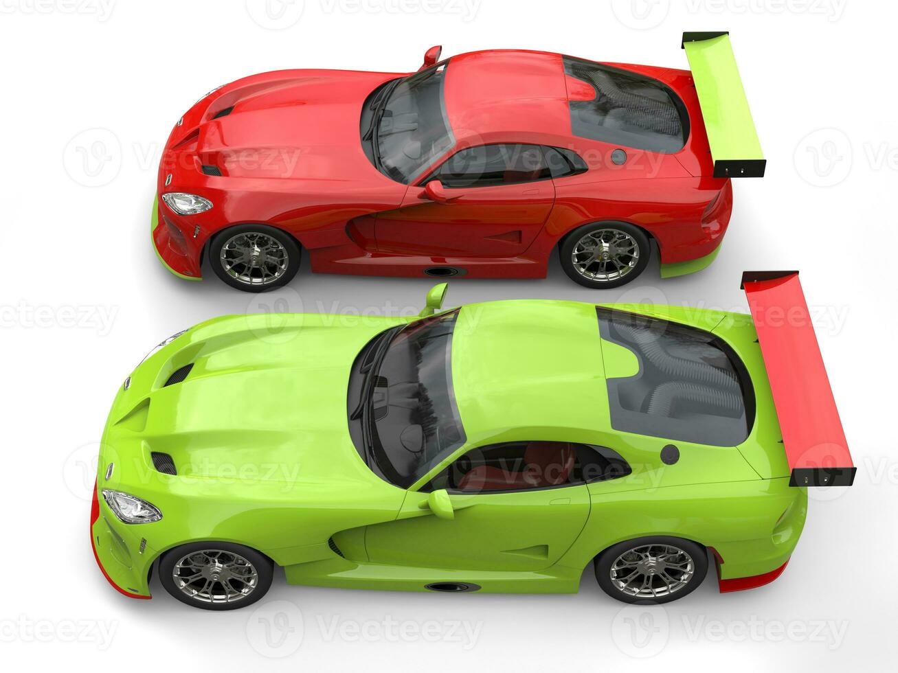 Raging red and crazy green super race cars side by side on start line - top view - 3D Illustration photo