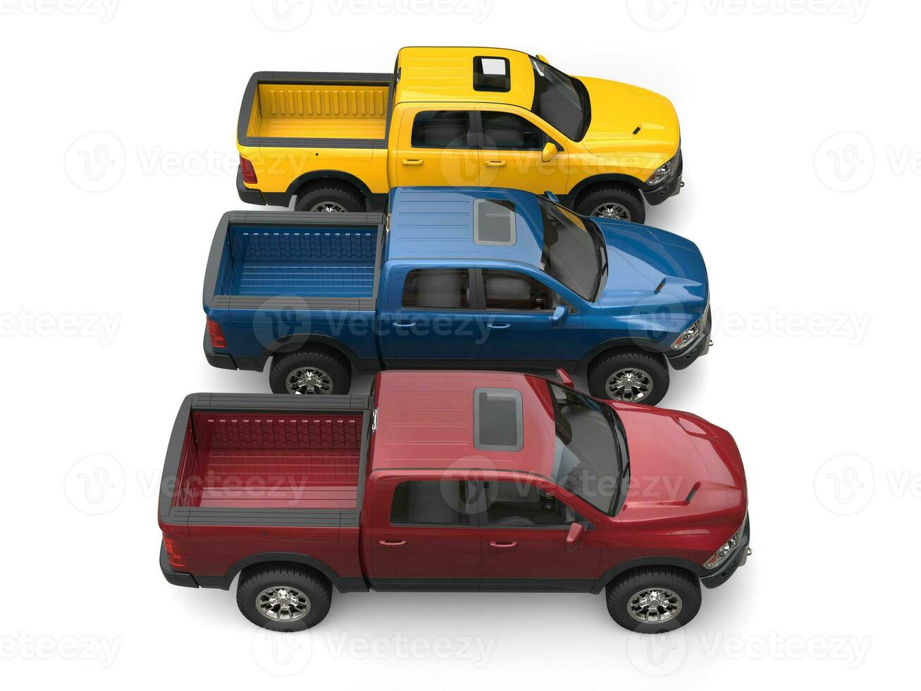 Dark red, blue and yellow modern pick-up trucks - top down side view photo