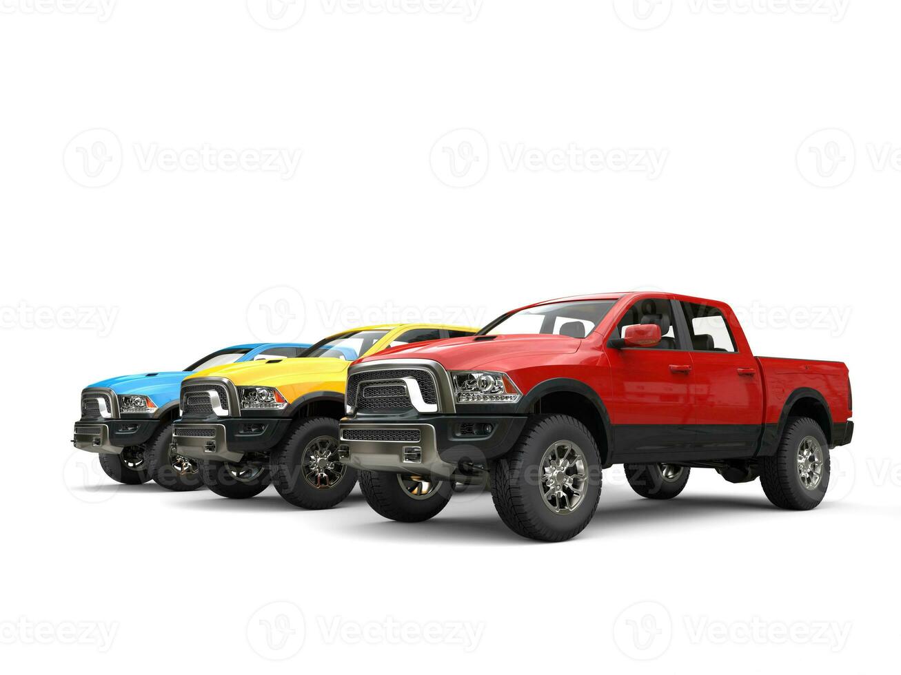 Red, blue and yellow modern pick-up trucks - beauty shot photo