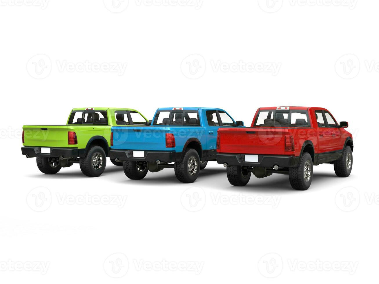 Red, blue, green pick-up trucks - back view photo