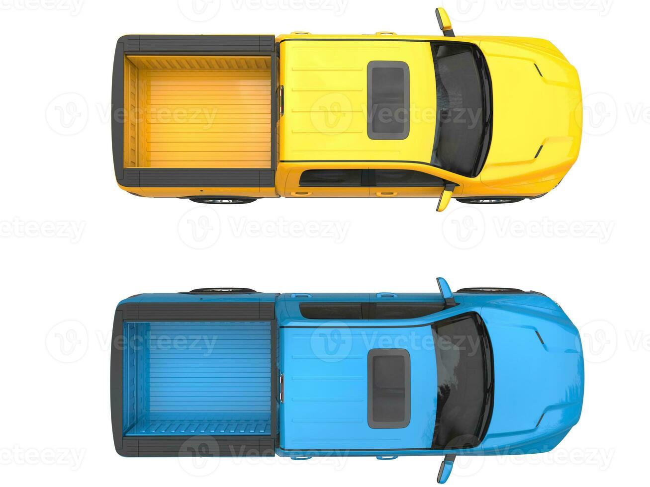 Blue and yellow modern pick-up trucks - top view photo