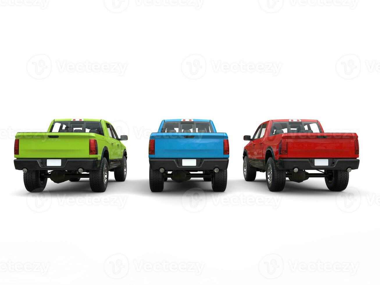 Red, blue, green pick-up trucks - rear view photo