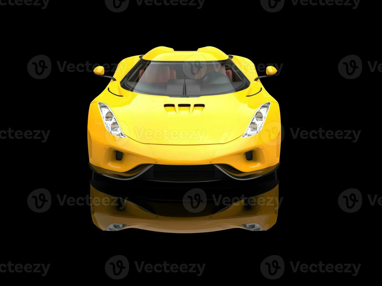 Bright sun yellow awesome super car in black showroom photo
