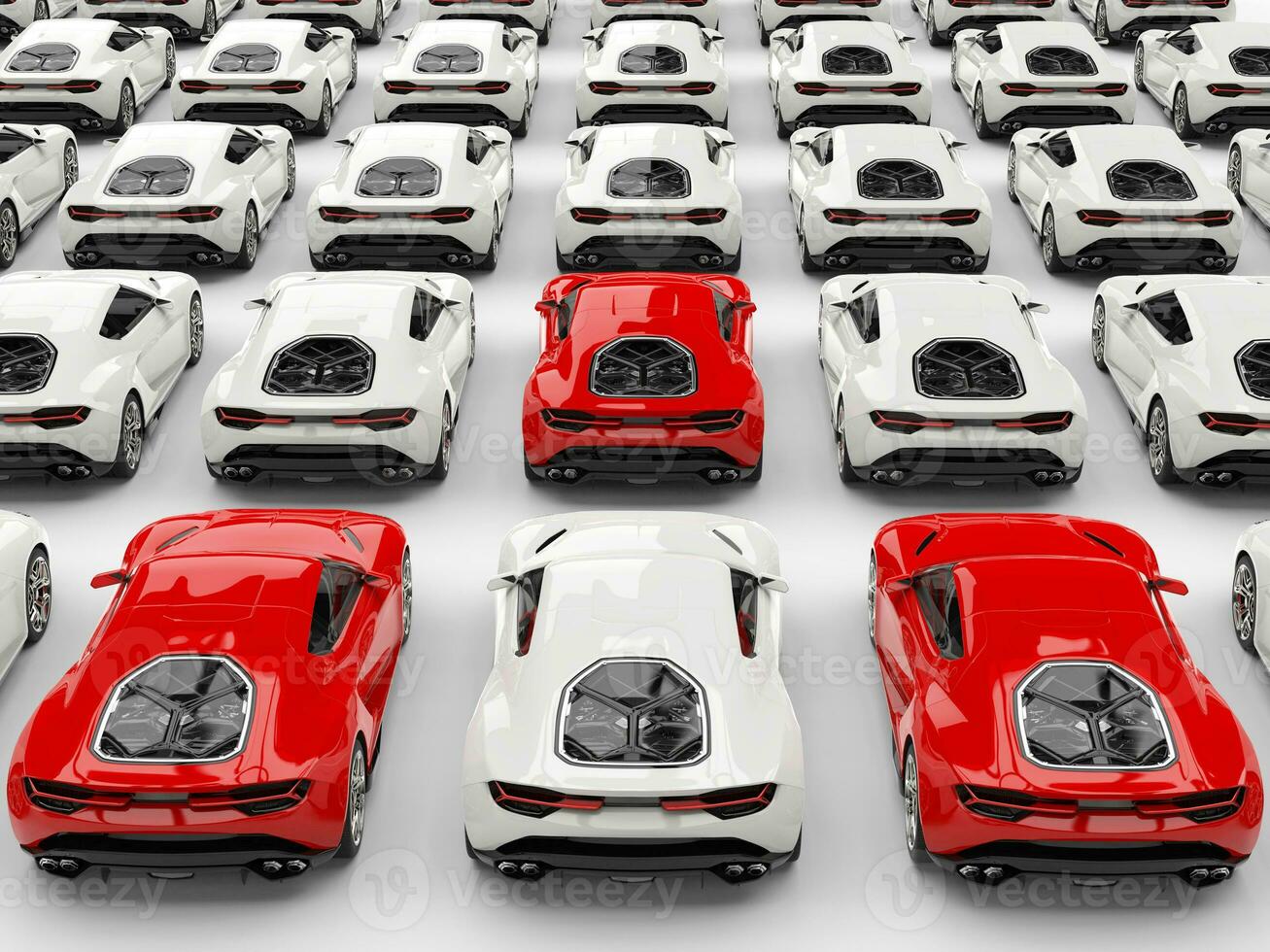 Three red sports cars stand out amongs many white cars photo