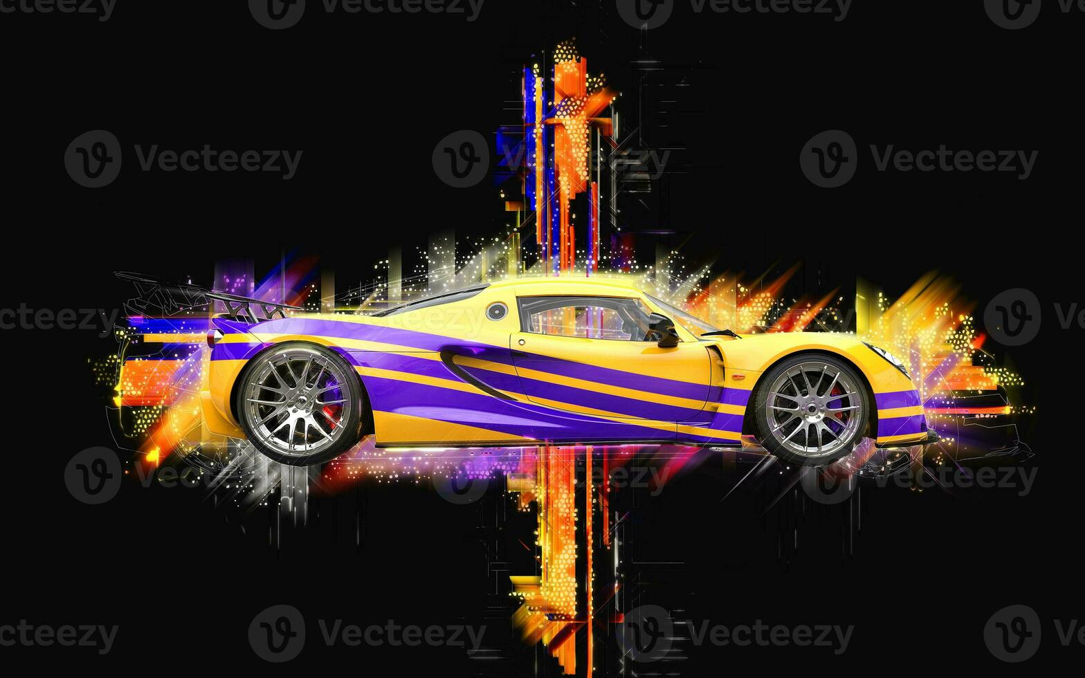 Breathtaking yellow supercar with purple stipes - abstract 3D illustration photo