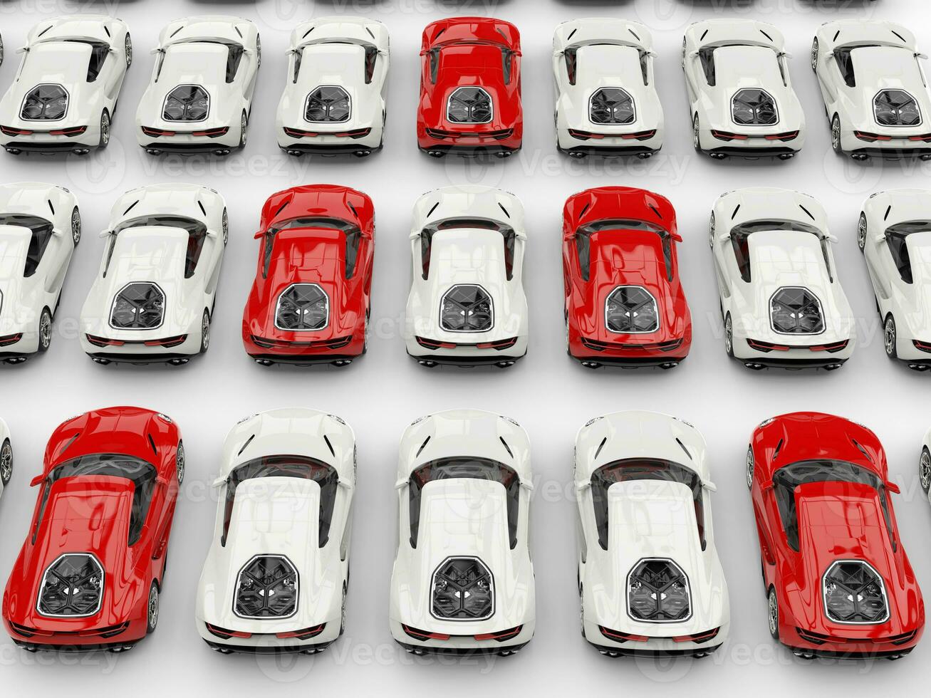 Red sports cars in formation amongst white cars - top down view photo