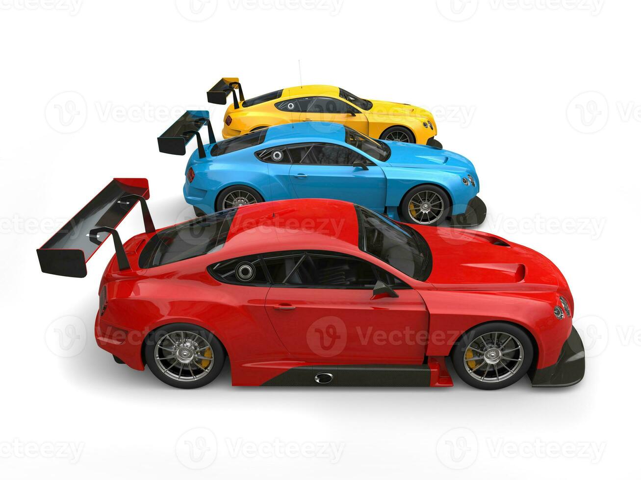 Red, blue and yellow modern race super cars - side view photo