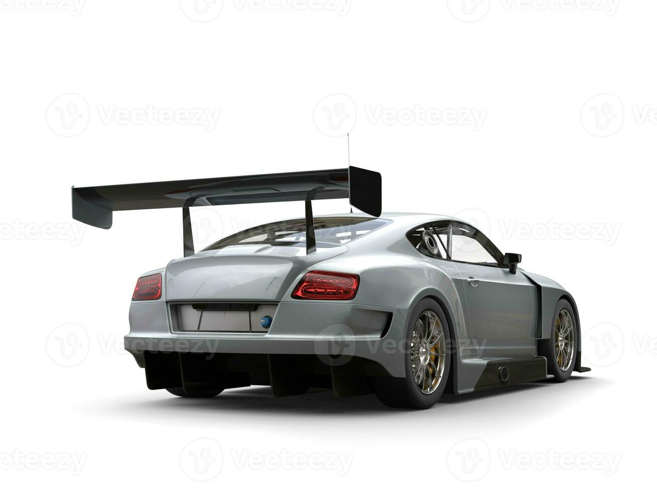 Modern silver super car with black rear wing - back view photo