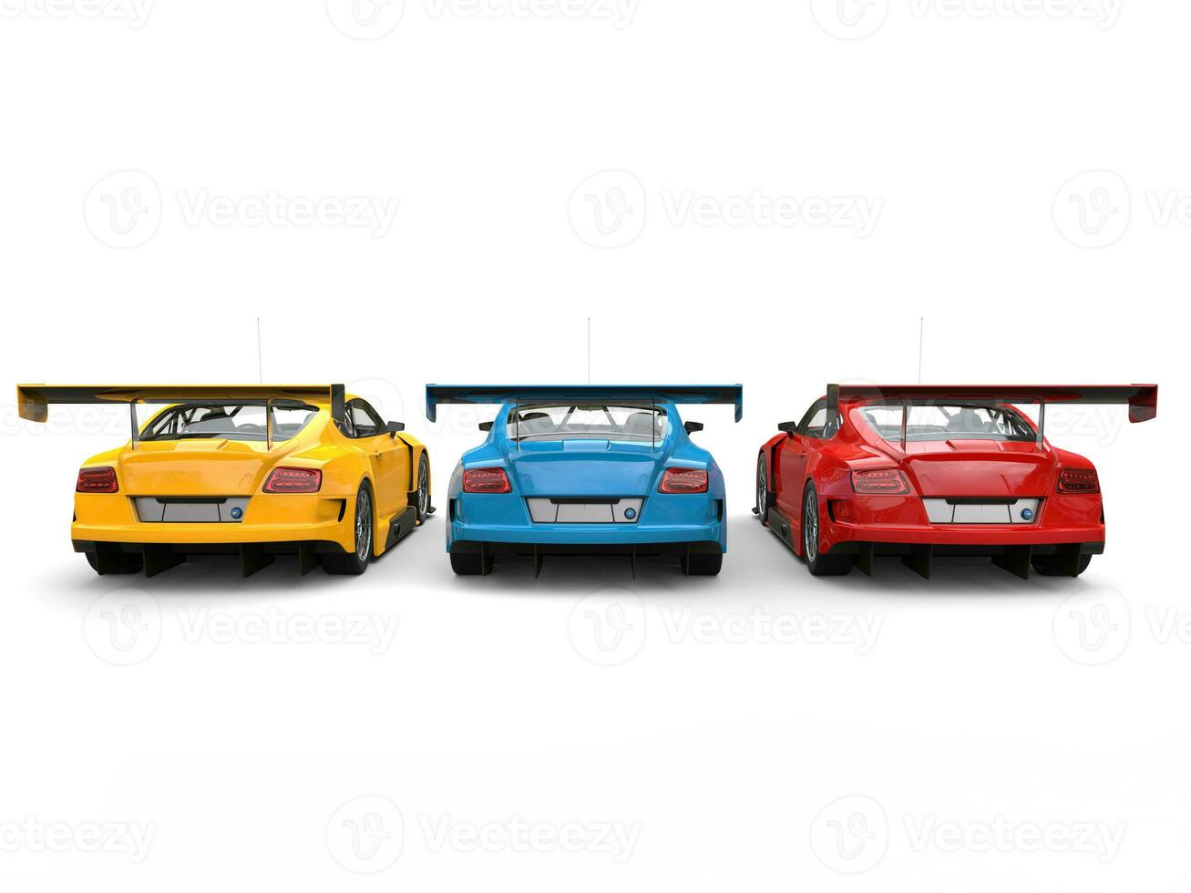 Red, blue and yellow modern race super cars - back view photo