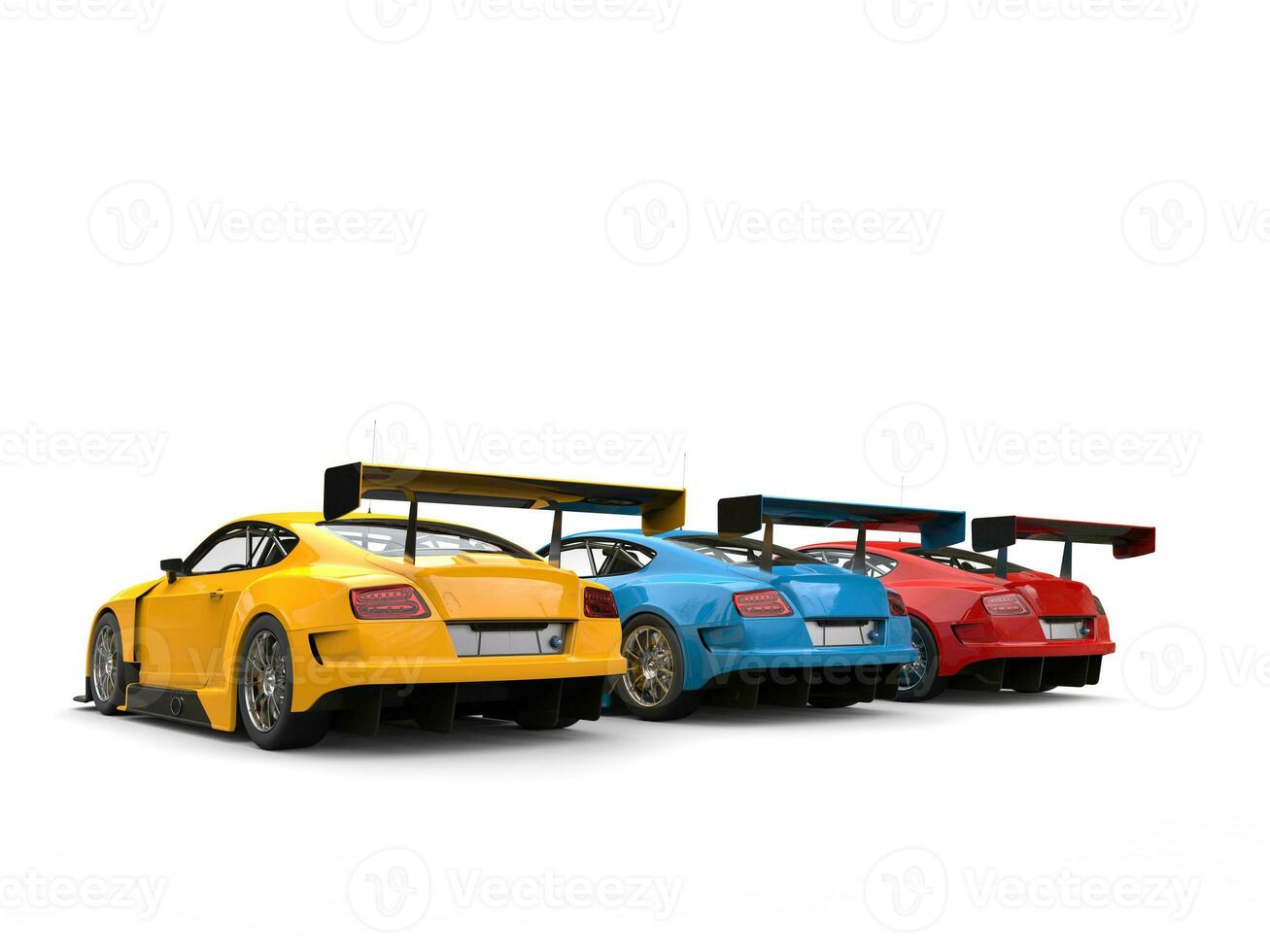 Red, blue and yellow modern race super cars - back view photo
