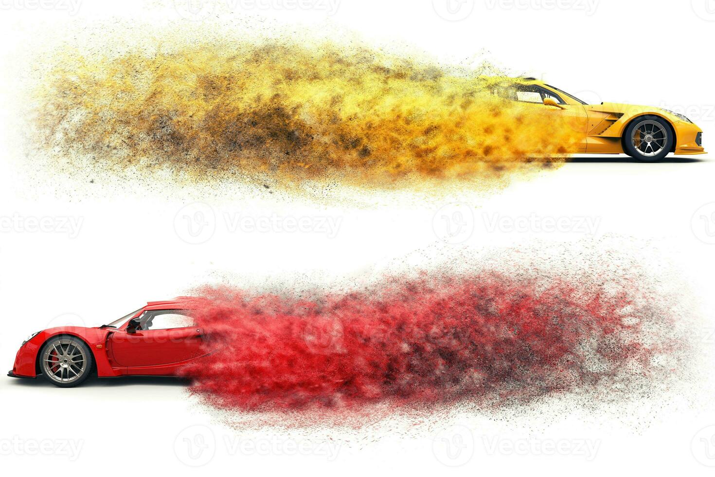 Red and yellow awesome race cars particle disintegration effect photo