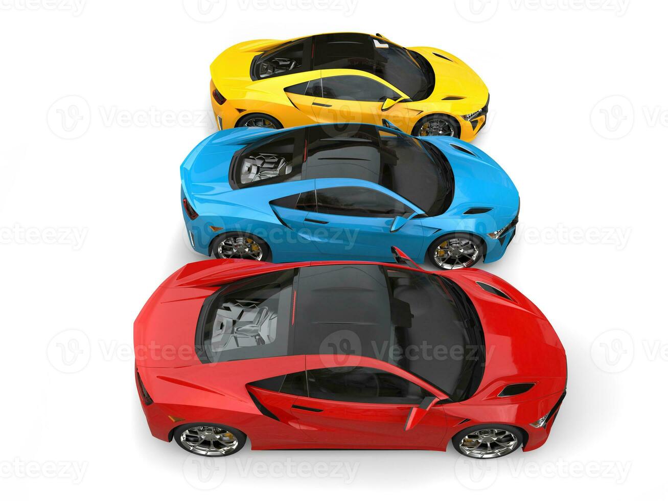 Super sports cars in primary colors - top down view photo