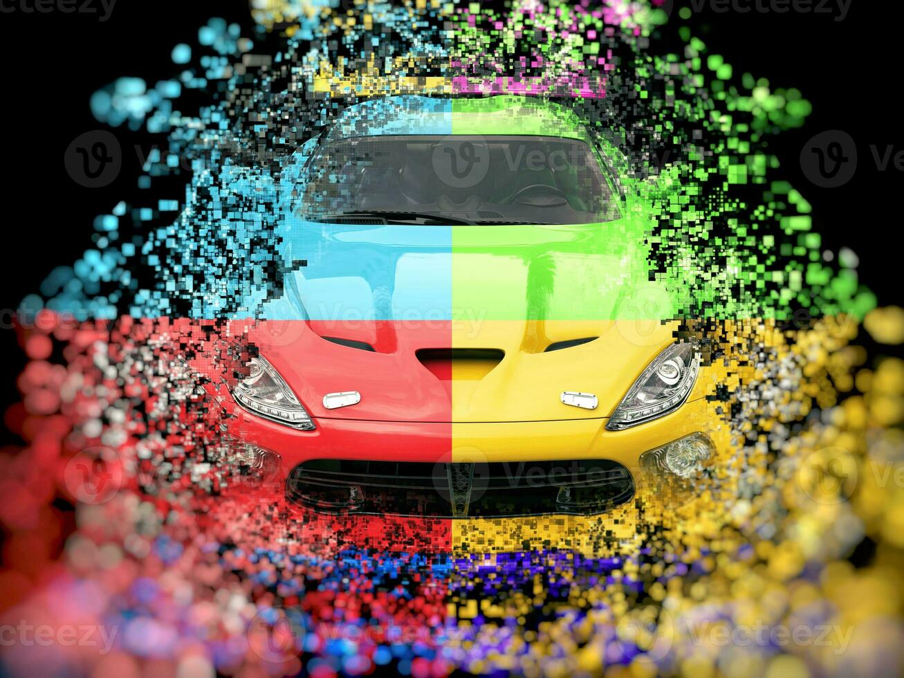 Four color sports car - abstract pixel destruction 3D illustration photo