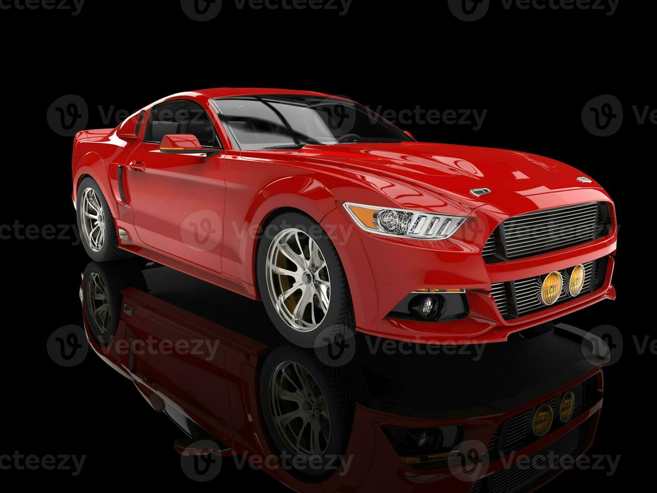Bright red modern american car on black reflective background photo