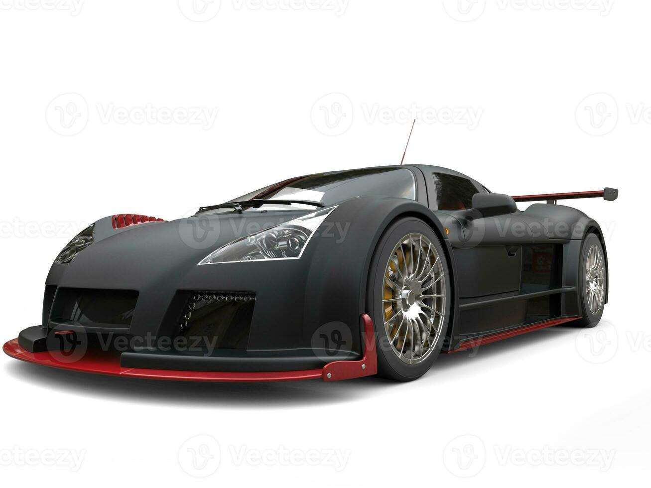 Awesome supercar in matte black paint with red details - studio shot photo