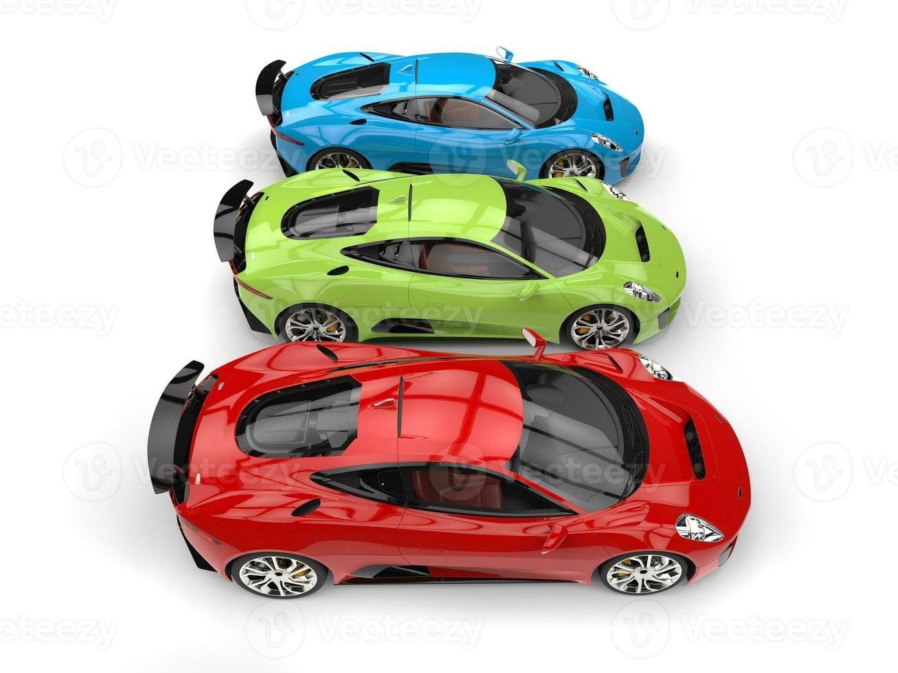 Red, green and blue elegant sports cars - top down side view photo