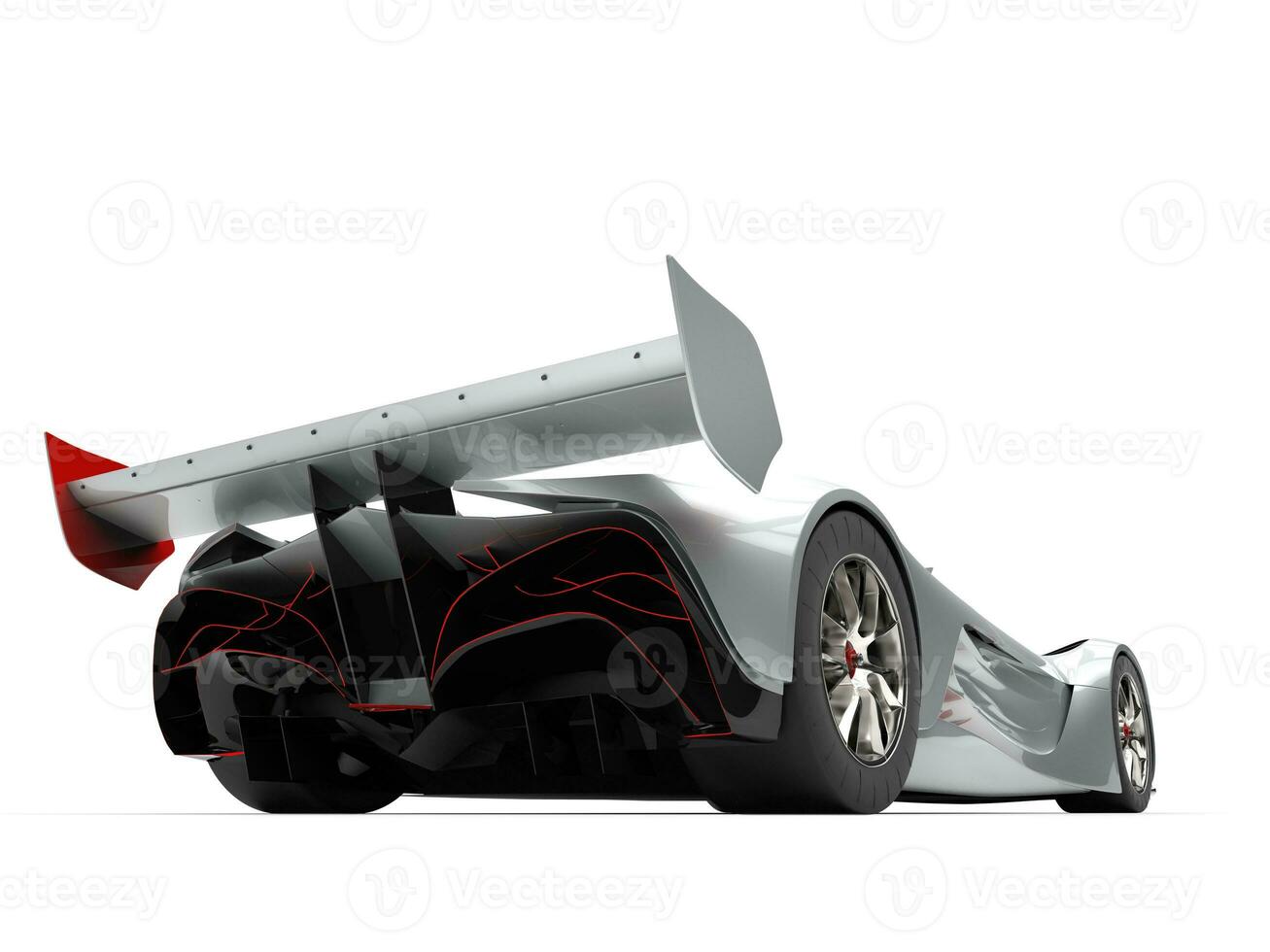 Silver modern concept racing car with red details - back view photo