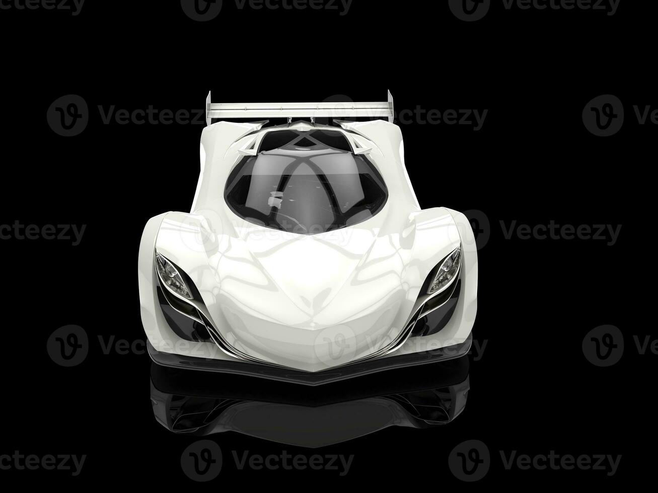 Clean white futuristic racing concept car - black showroom shot - front view photo