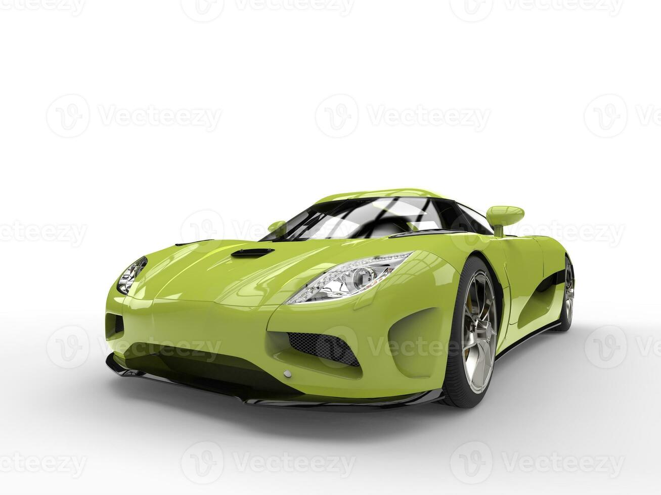 Fluorescent yellow green modern super sports car concept - wide angle closeup photo