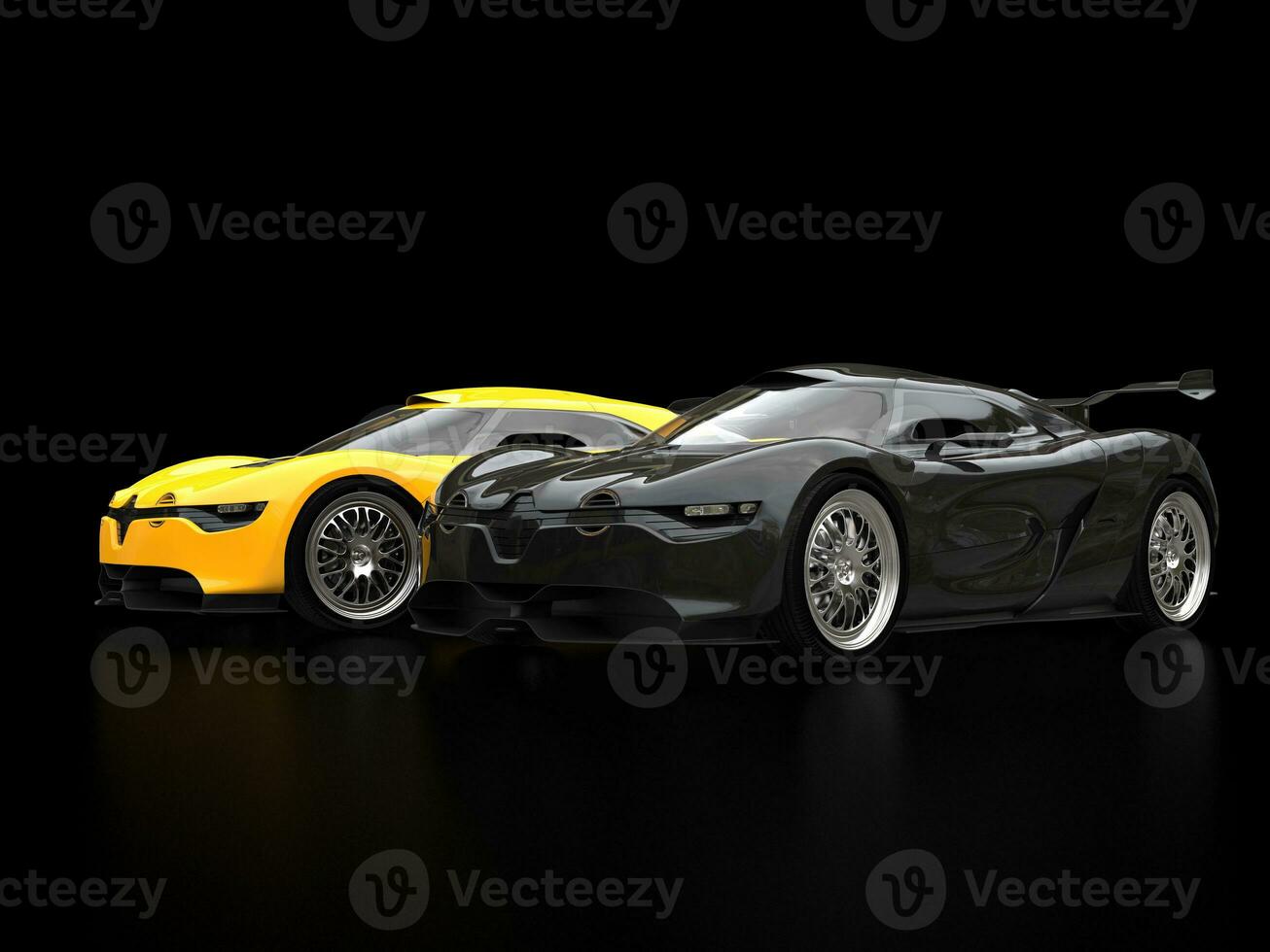 Cool black and yellow super sports cars in black showroom photo