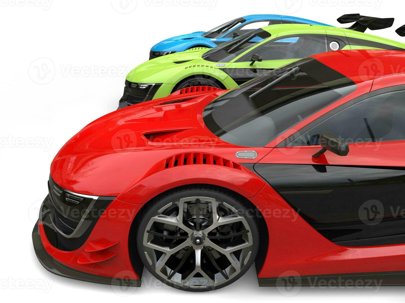 Red, green and blue super cars - side view cut shot photo