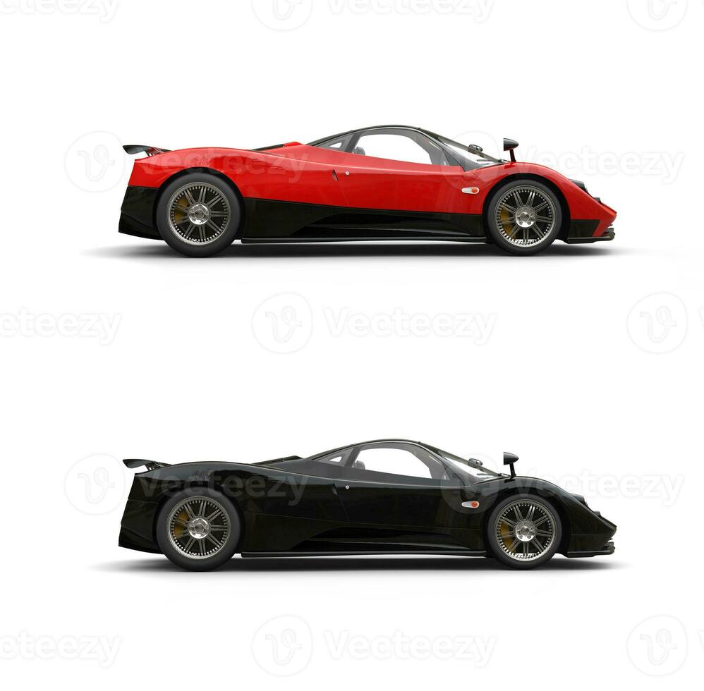 Red and shiny black sport super cars - side view photo