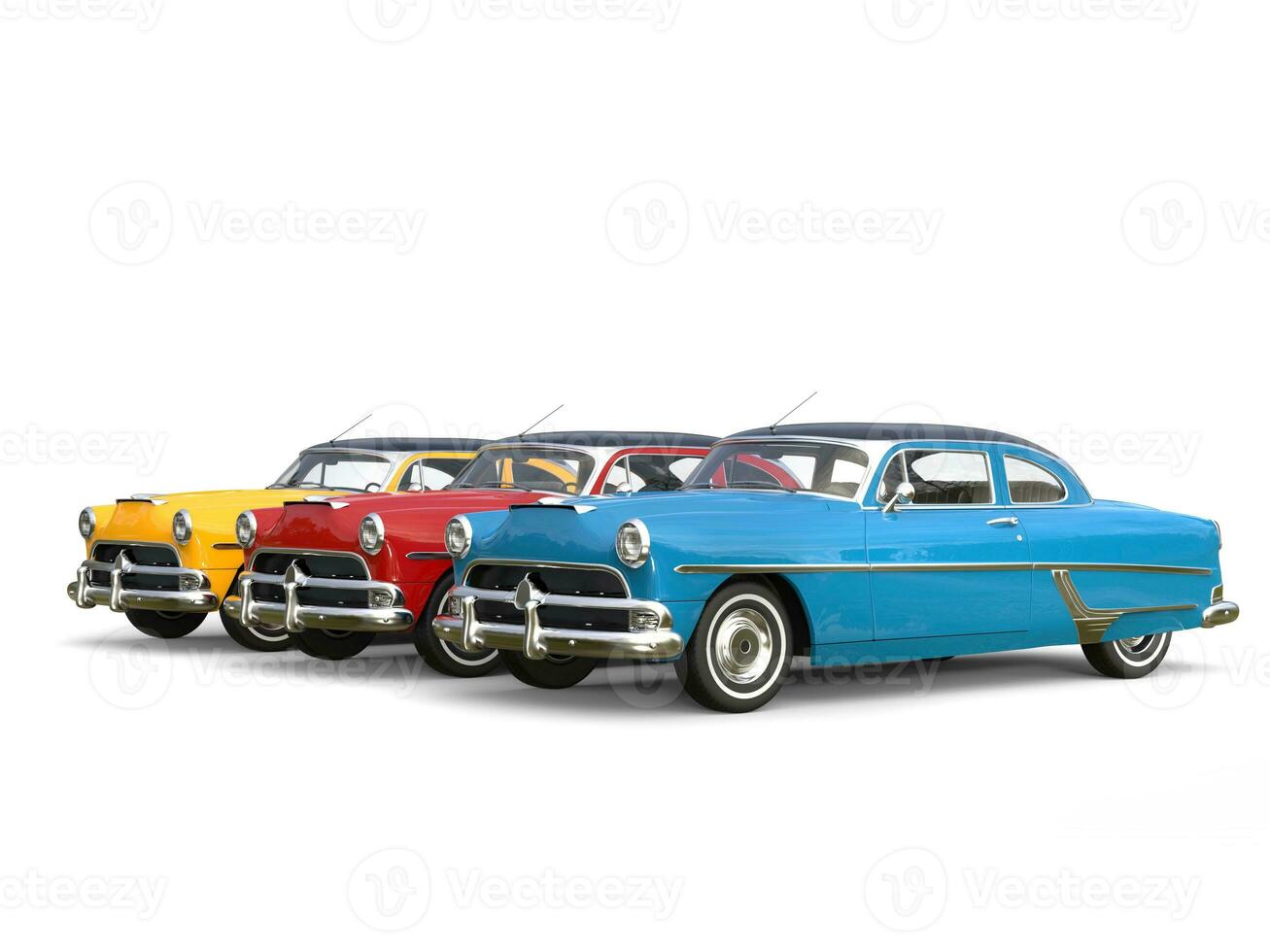 Spectacular vintage cars in red, blue and yellow - beauty shot photo