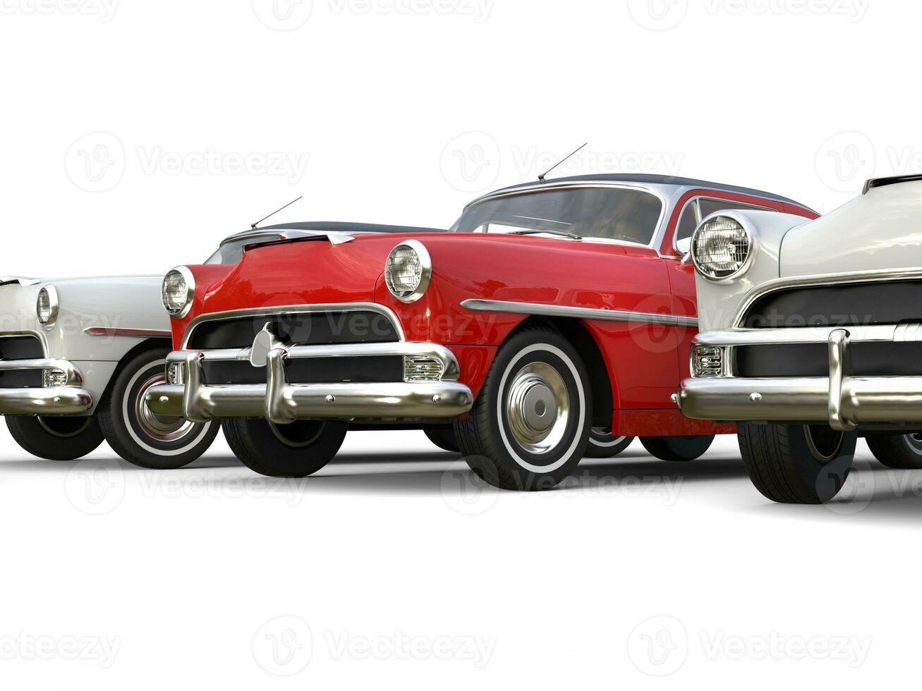 Royal red vintage car stand out in between white cars photo