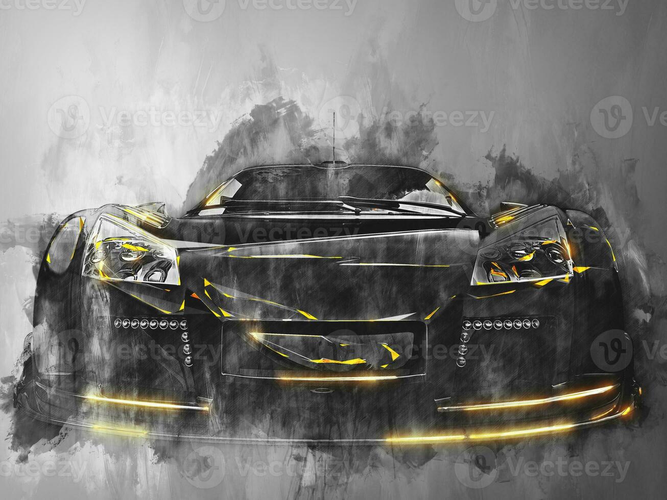 Super sports car - black and white illustration with yellow glowing edges photo