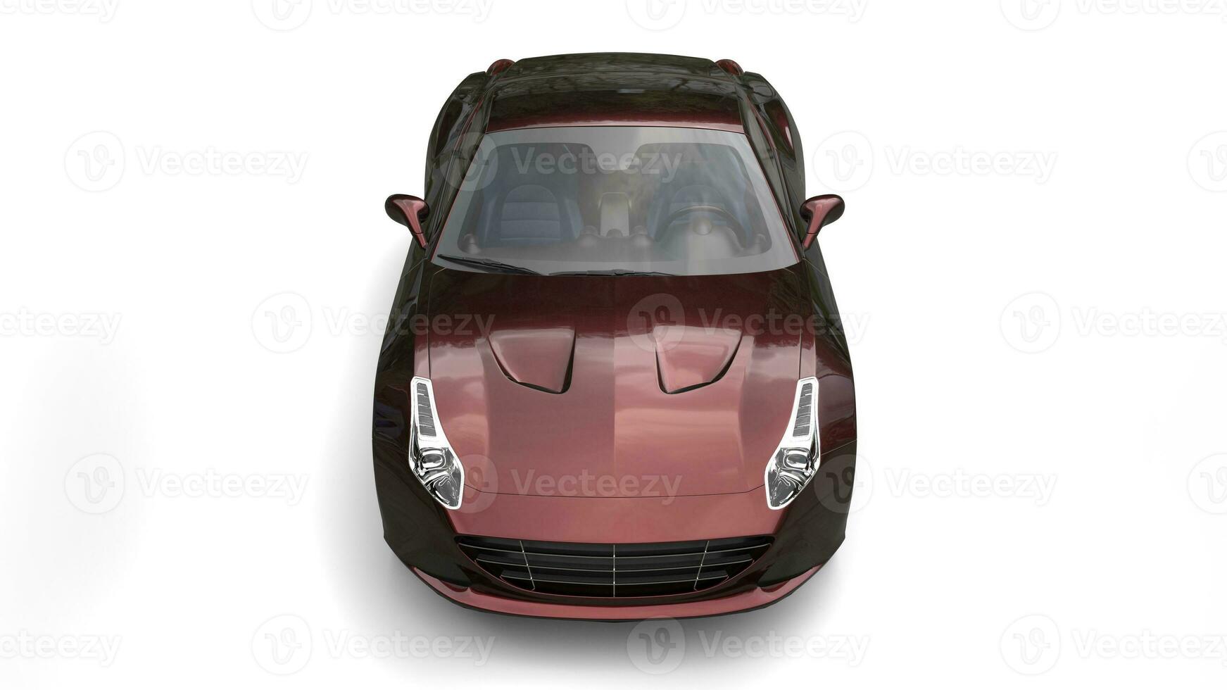 Dark red metallic fast sports car - top down front view photo