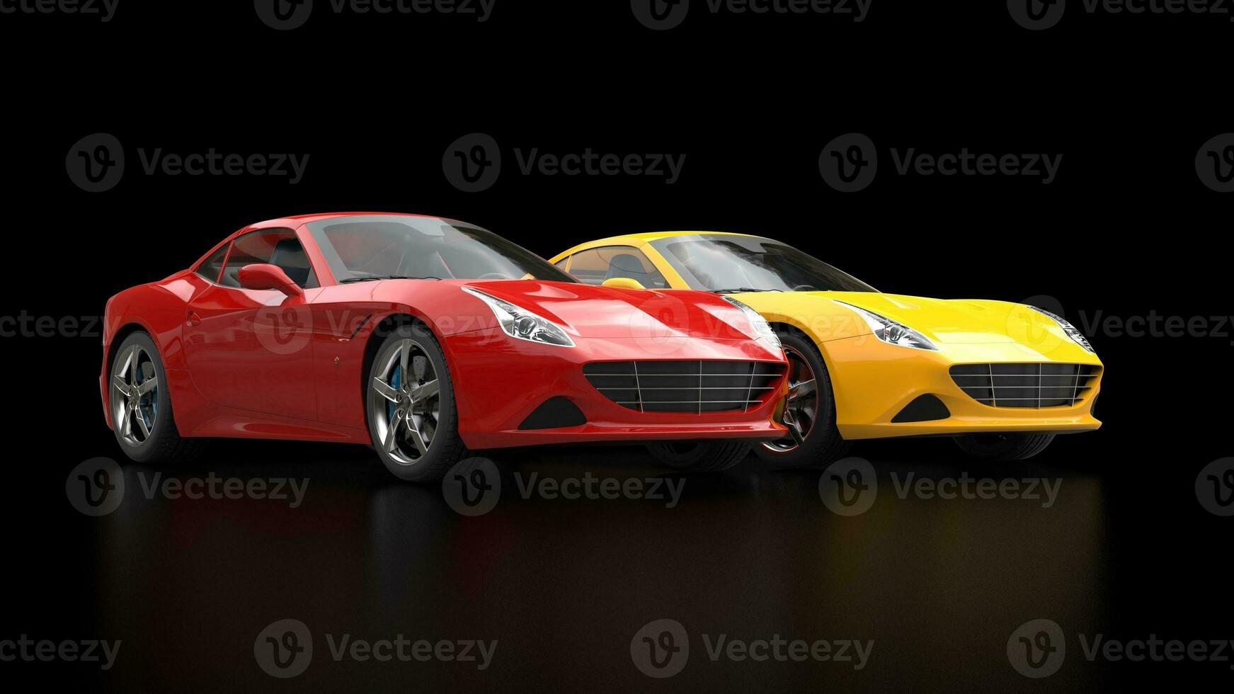 Sublime red and yellow super sports cars side by side - dark studio shot photo