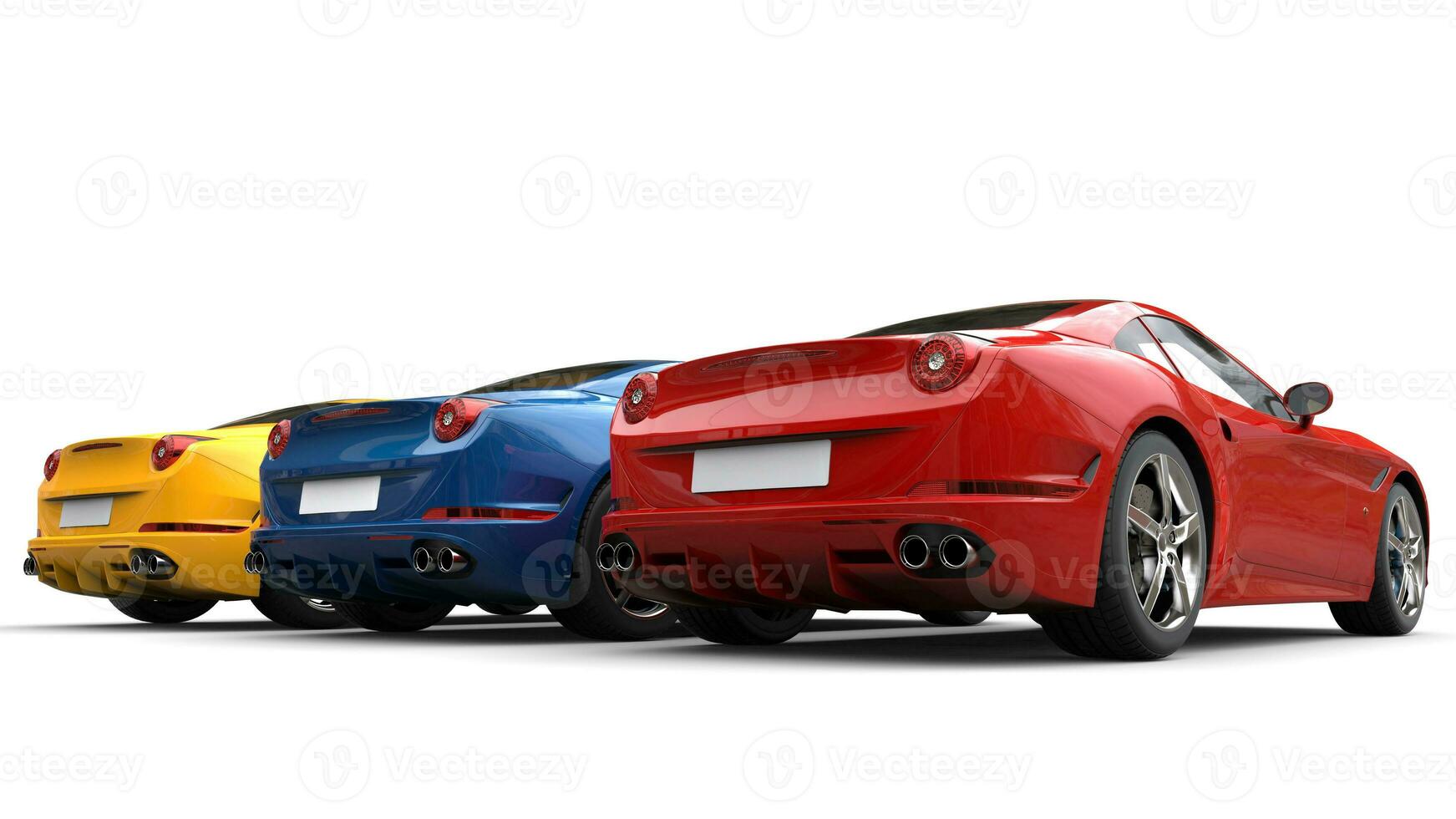 Red, blue and yellow modern luxury sports cars - tail view photo