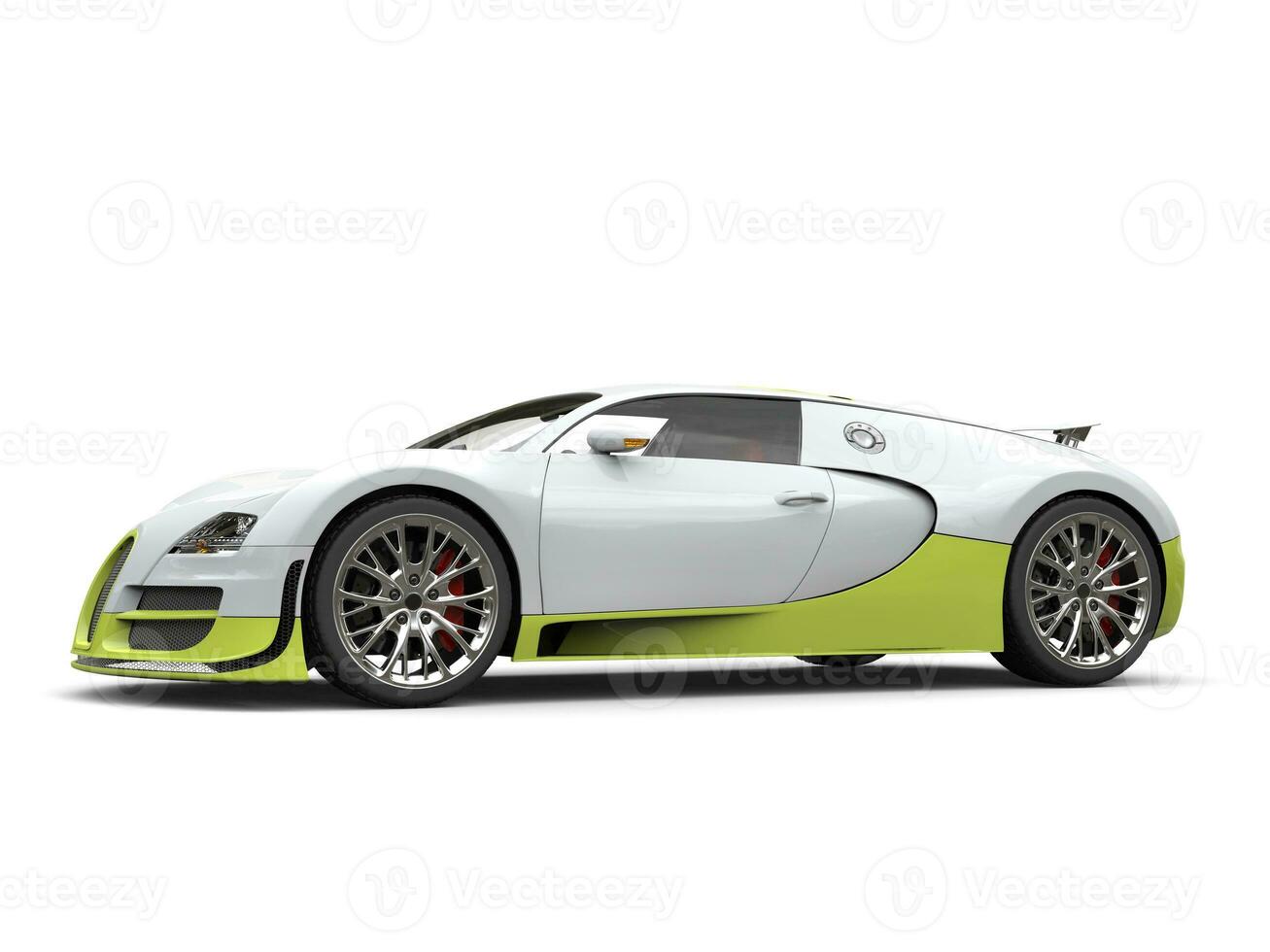 Clean white modern super sports car with green details - studio shot photo