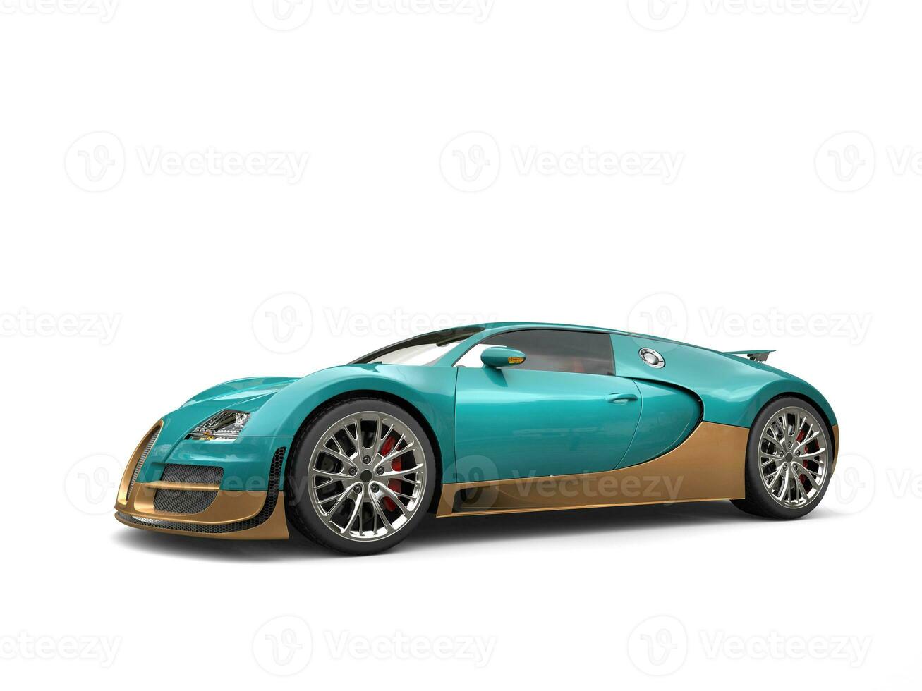 Metallic dark cyan modern super sports car with golden details - studio shot photo