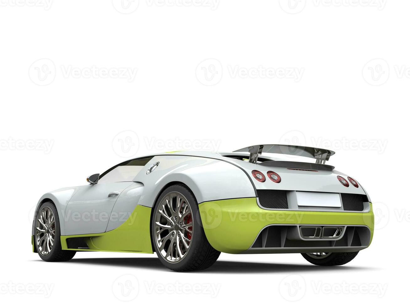 Clean white modern super sports car with green details - tail view photo