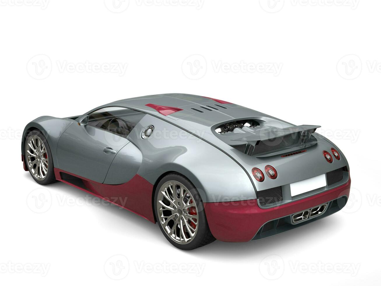 Metallic gray modern super sports car with dark red metallic details - top tail view photo