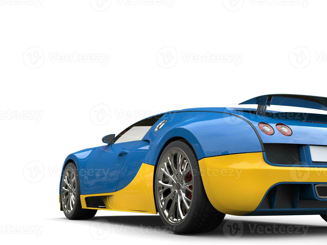 Bright blue and yellow modern super sports car - tail view cut shot photo
