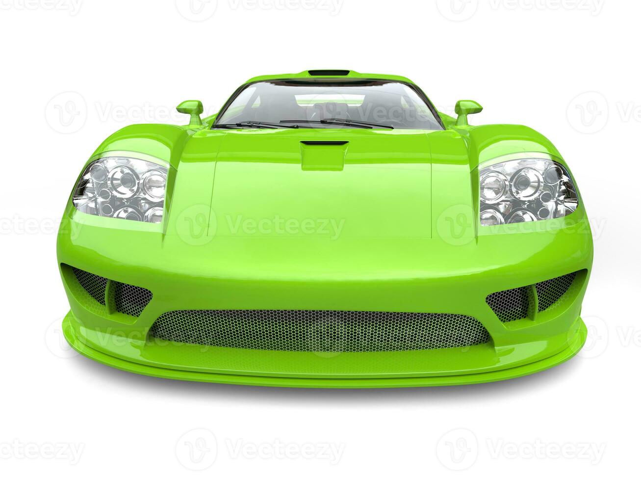 Glowing green modern super sports car - front view closeup shot photo