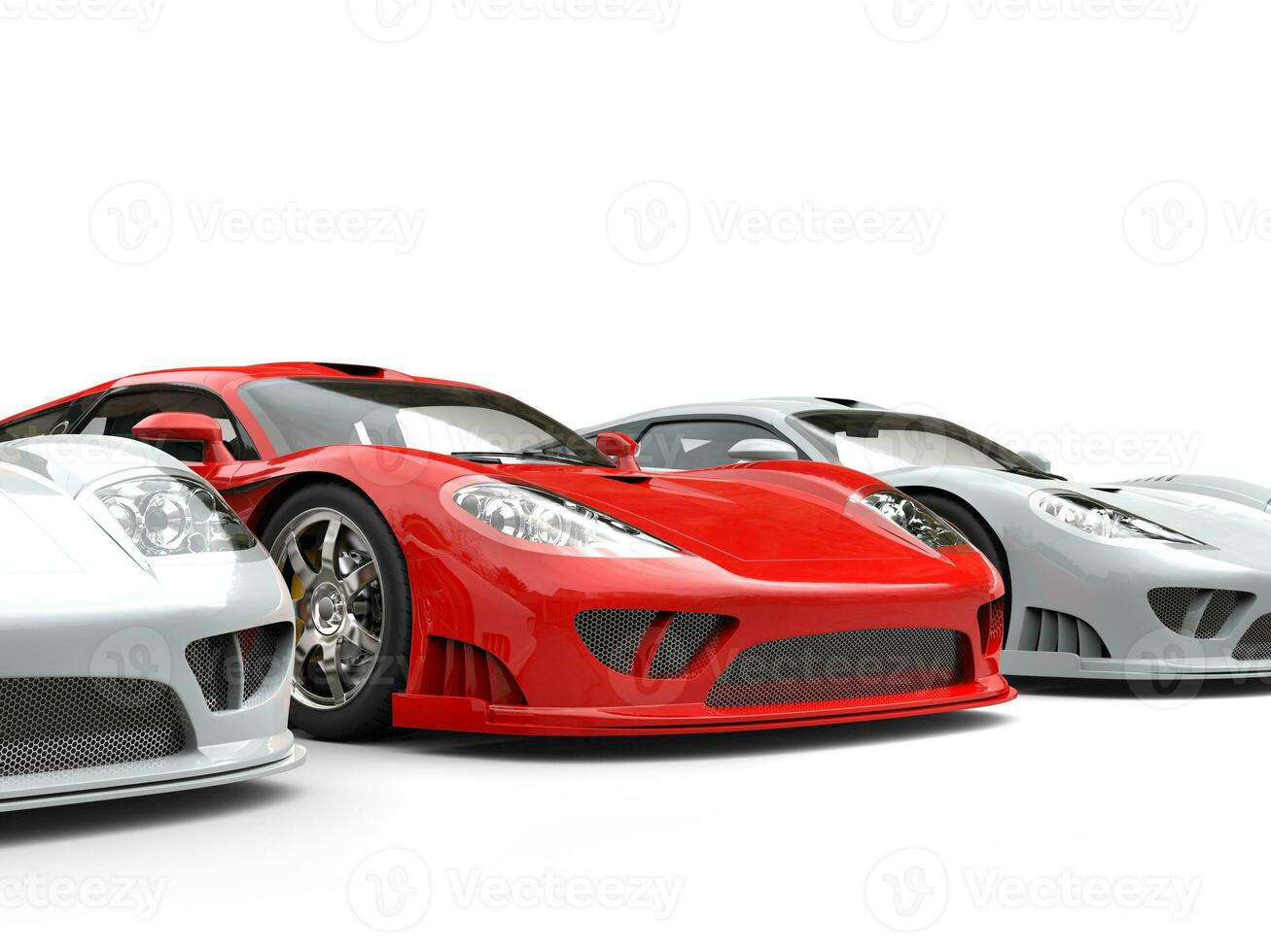 Fire red modern super race car stands out amongst white cars photo