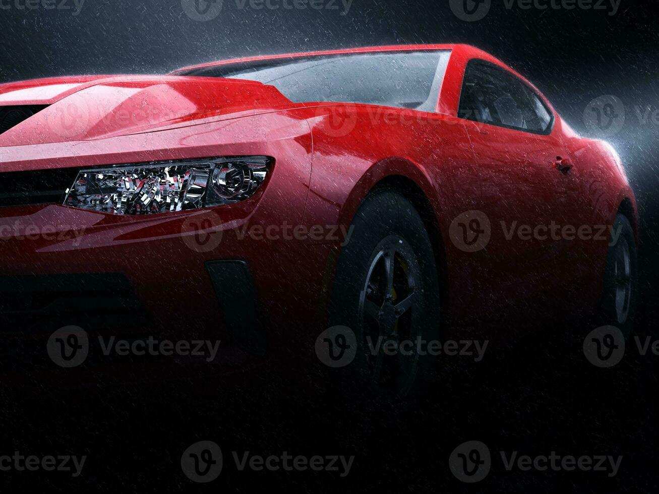 Raging red modern super muscle car - closeup shot in the rain photo