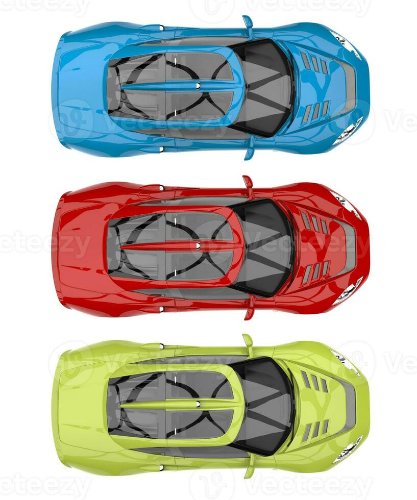 Awesome red, green and blue super sports cars - top view photo