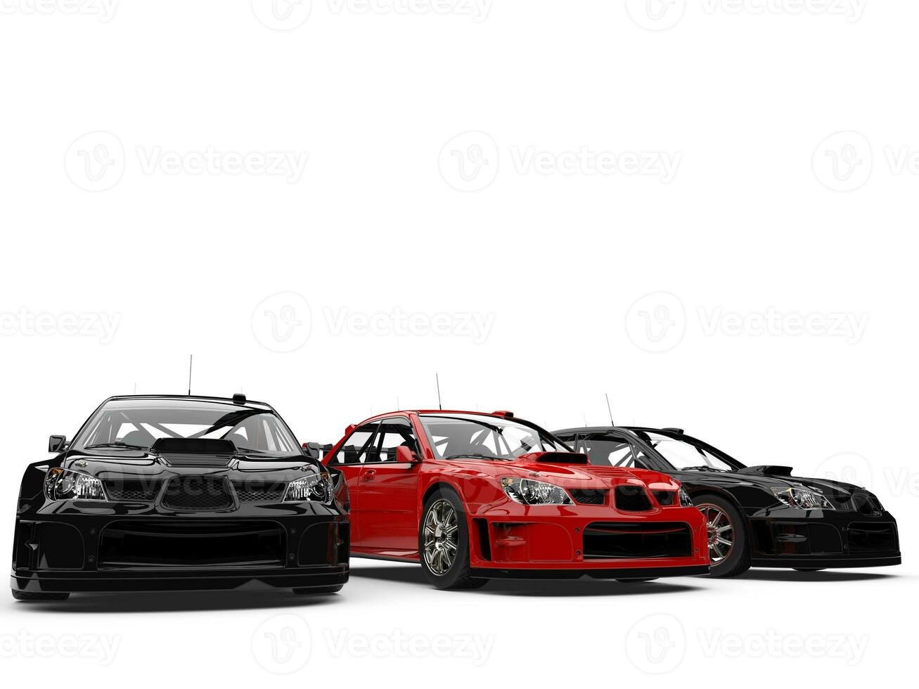 Raging red GT race car in between black race cars photo