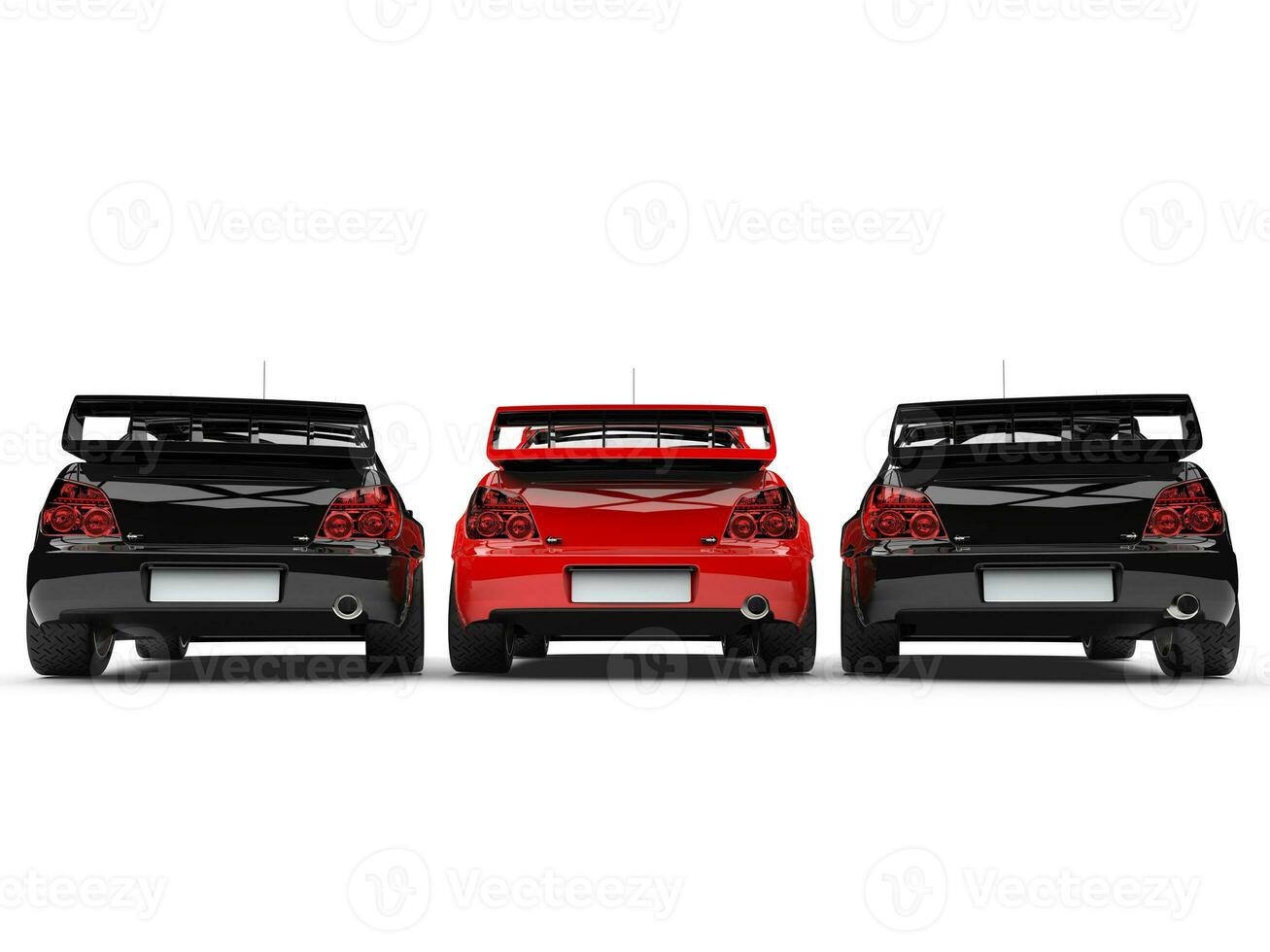 Raging red GT race car in between black race cars - rear view photo
