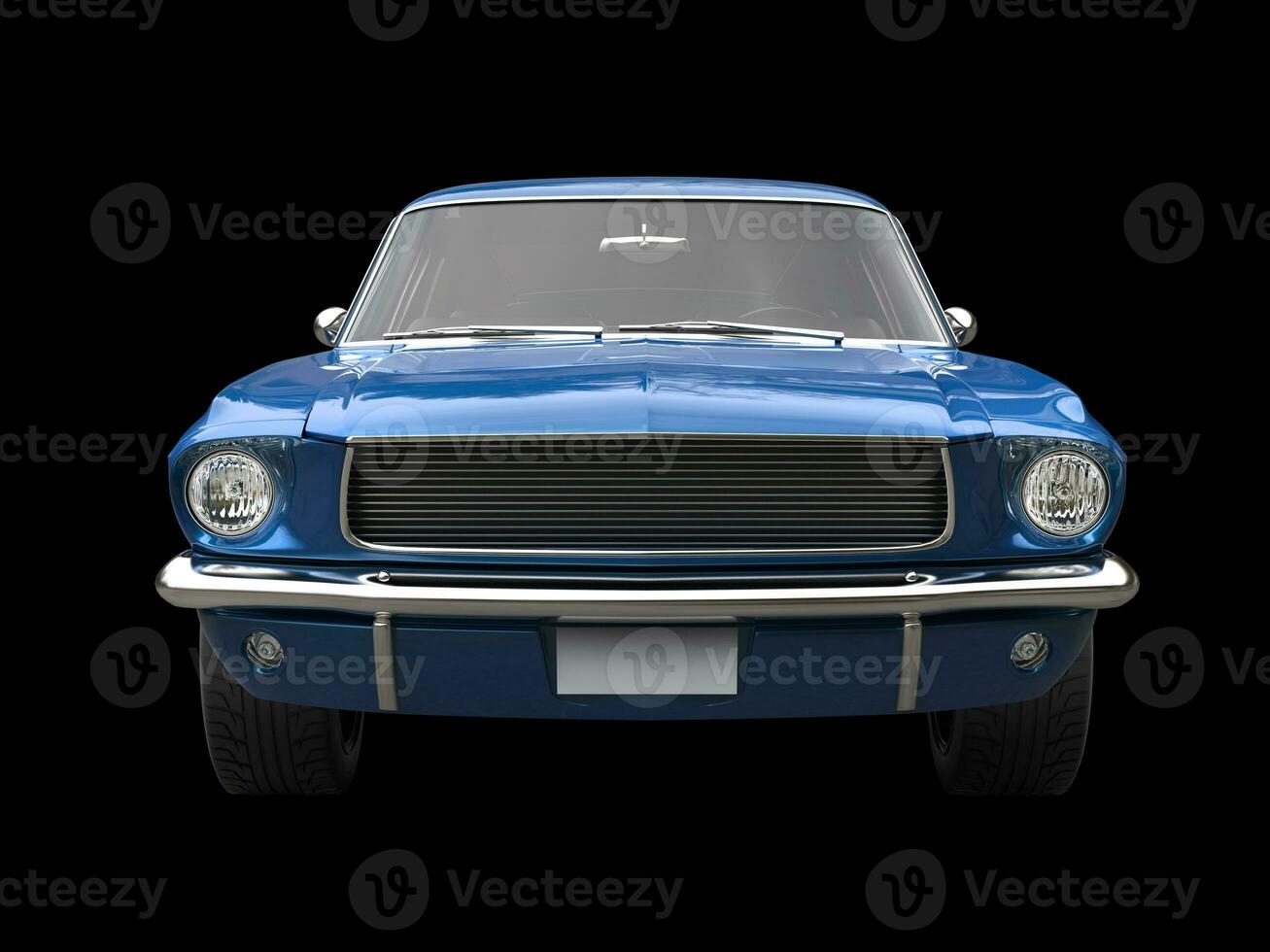 Midnight blue vintage American muscle car - front view closeup shot photo