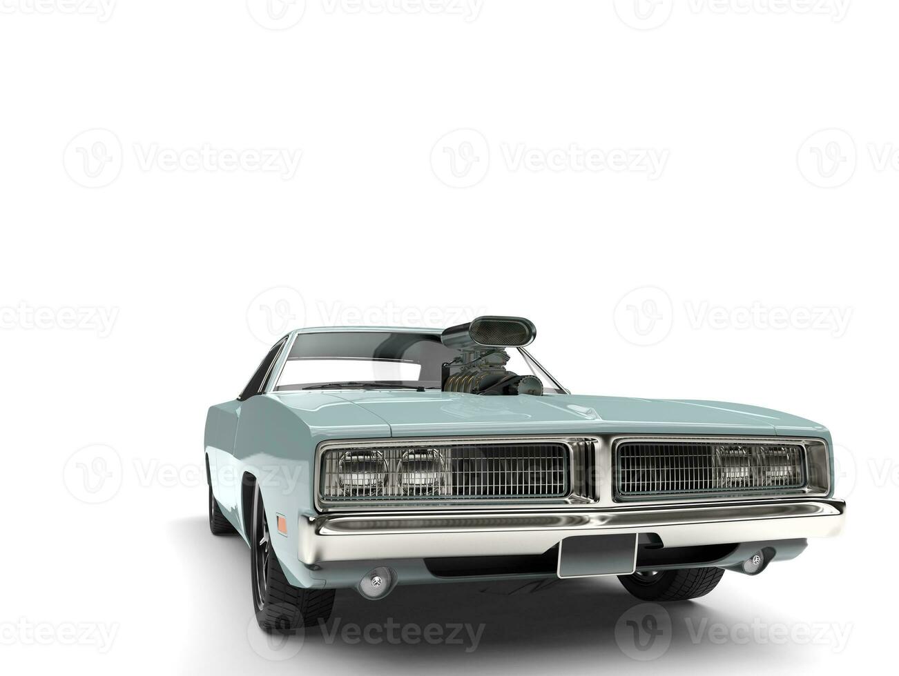 Crystal blue vintage American muscle car - front view closeup shot photo